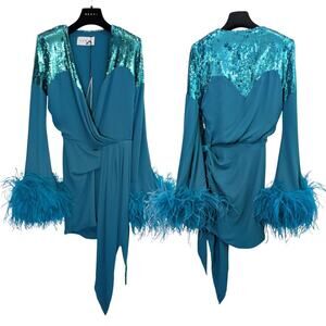 NWT Nervi Pami Teal Mini Dress with Sequin & Ostrich Feather Cuffs